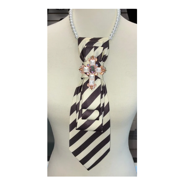 Custom Necktie Necklace- Brown/Beige Stripe w Gold Cross Brooch