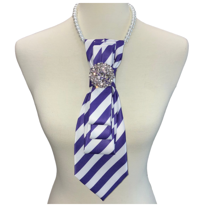 Custom Necktie Necklace-Purple/White Stripe w Silver Rhinestone Brooch
