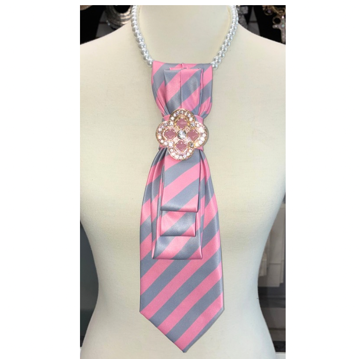 Custom Necktie Necklace-Pink/Grey Stripe w Designer Inspired Brooch