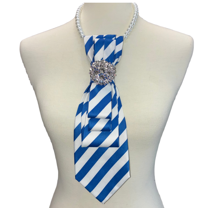 Custom Necktie Necklace-Blue/white Stripe w Silver Rhinestone Brooch