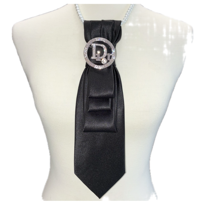 Black Necktie Necklace w Designer Inspired CD Brooch