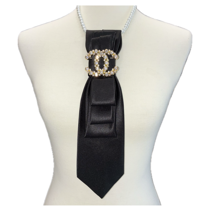 Black Designer Inspired Necktie Necklace with CC Brooch