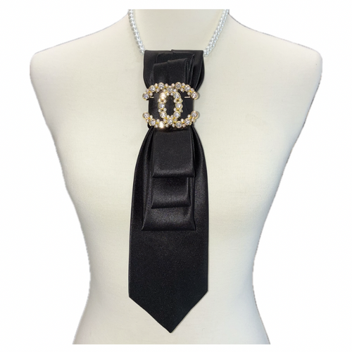 Black Designer Inspired Necktie Necklace with CC Brooch