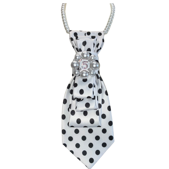 Custom Necktie Necklace - White/Black Dot w #5 Designer Inspired Brooch