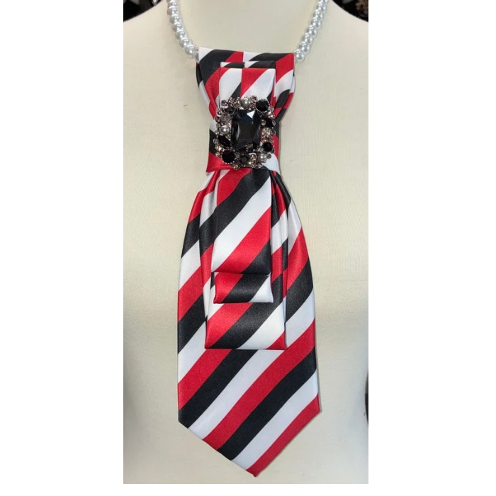 Custom Necktie Necklace- Red/White/Black Stripe w Rhinestone Brooch