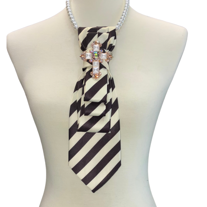 Custom Necktie Necklace- Brown/Beige Stripe w Gold Cross Brooch