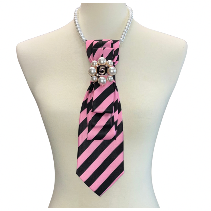 Custom  Necktie Necklace- Pink/Black Stripe w #5 Designer Inspired Brooch