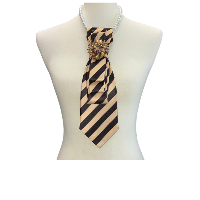 Custom Necklace Necklace - Brown/Khaki Stripe w Gold Floral Brooch
