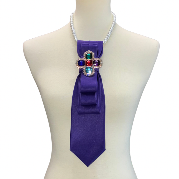 Custom Necktie Necklace - Purple w Multi Color Stone Cross Necklace