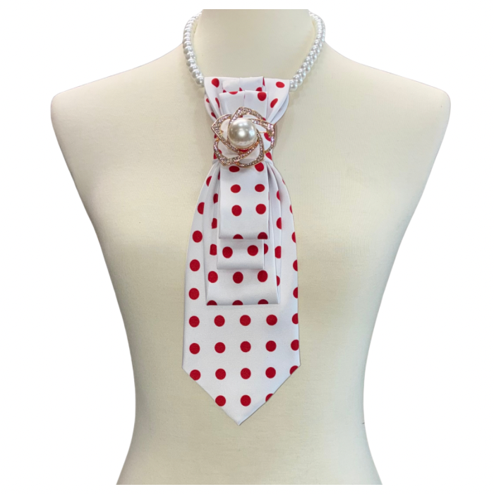 Custom Necktie Necklace- White/Red Dot w Gold Pearl Brooch