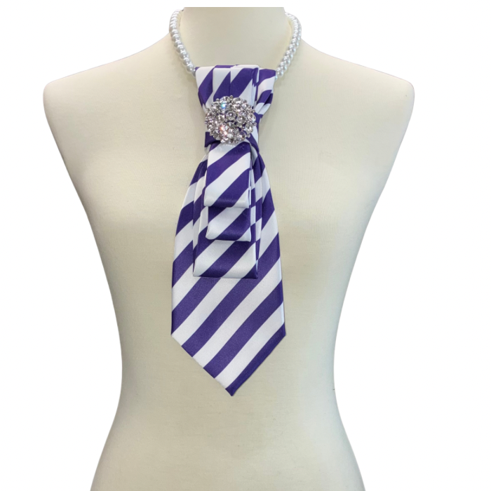 Custom Necktie Necklace-Purple/White Stripe w Silver Rhinestone Brooch