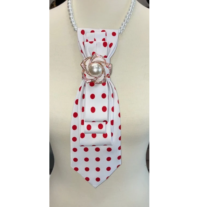 Custom Necktie Necklace- White/Red Dot w Gold Pearl Brooch