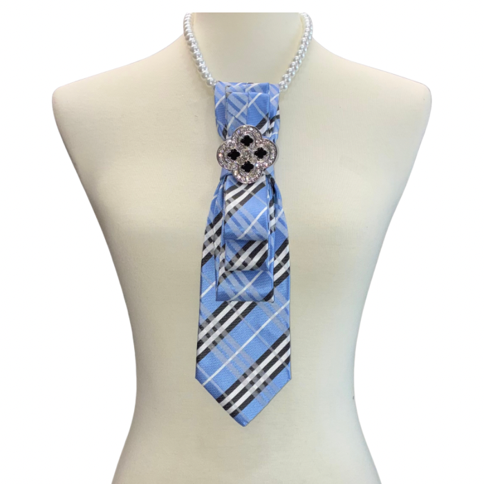 Custom Necktie Necklace- Blue British Plaid w Designer Inspired Brooch