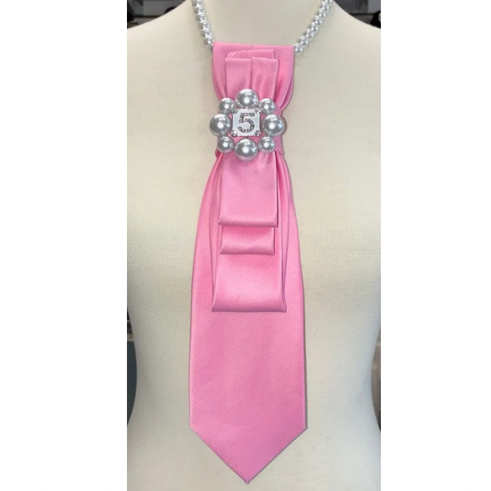 Custom Necktie Necklace - Pink Satin w #5 Designer Inspired Brooch