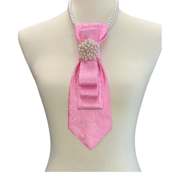 Custom Necktie Necklace - Pink Paisley w Pearl Brooch