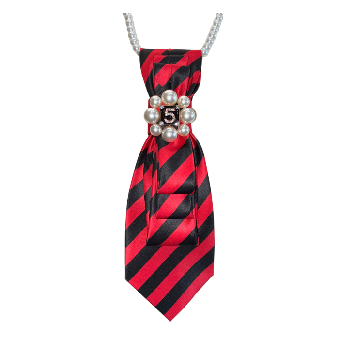 Custom Necktie Necklace- Red/Black Stripe w #5 Designer Inspired Brooch