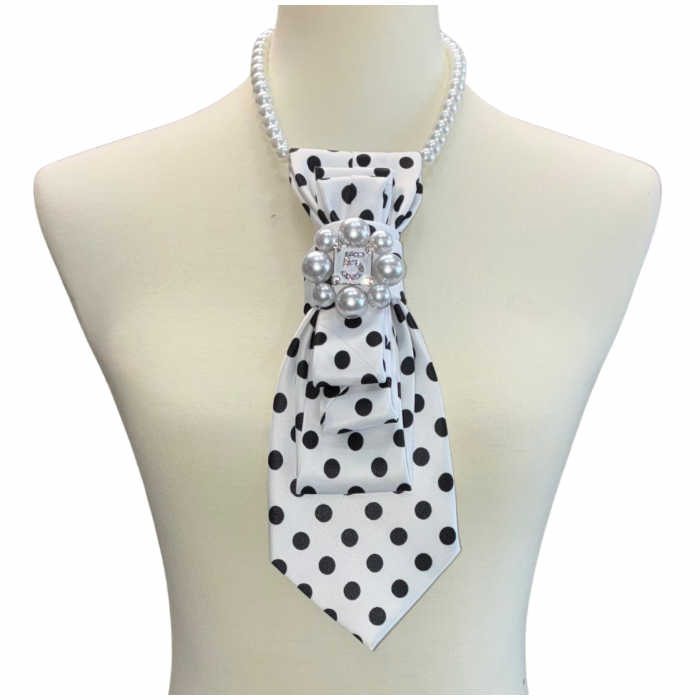 Custom Necktie Necklace - White/Black Dot w #5 Designer Inspired Brooch