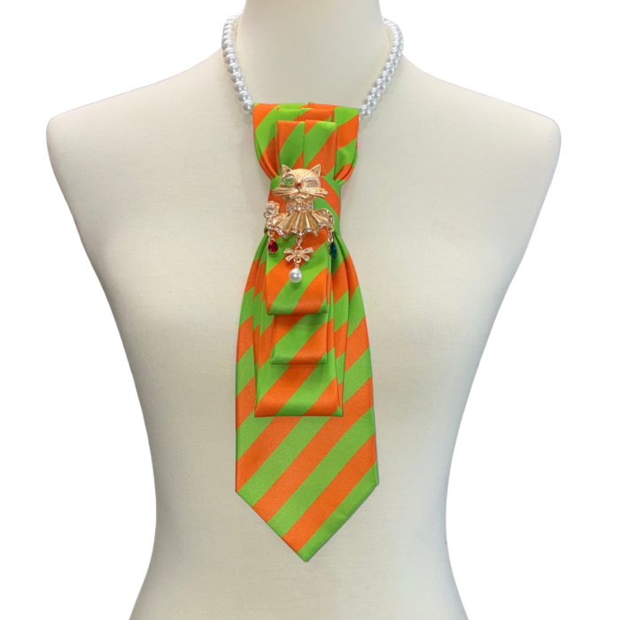 Custom Necktie Necklace- Orange/Green Stripe w Gold Royal Cat Brooch