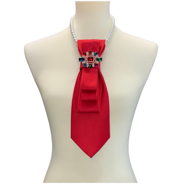 Custom Necktie Necklace - Red with Multi Color Stone Brooch