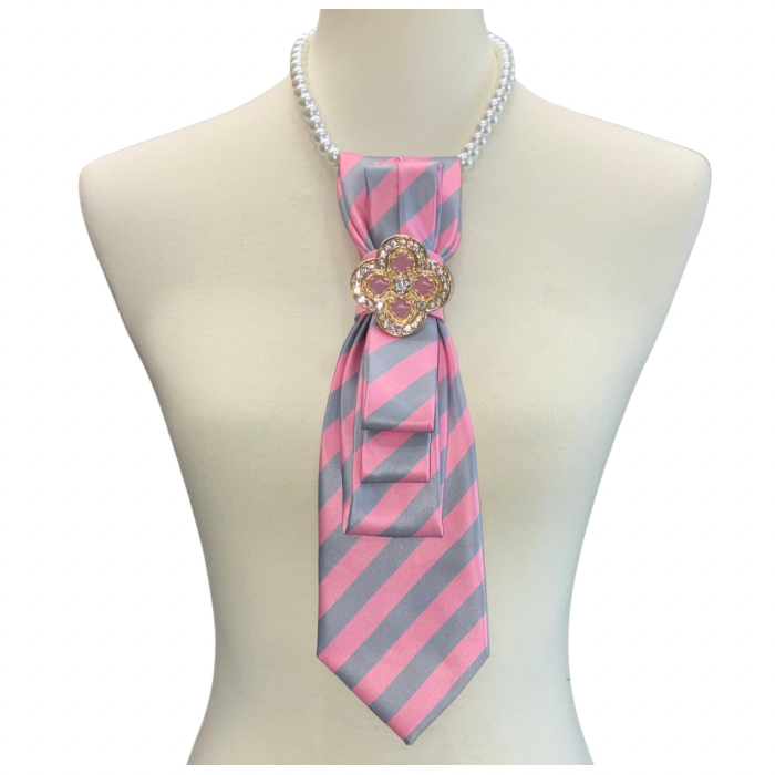Custom Necktie Necklace-Pink/Grey Stripe w Designer Inspired Brooch