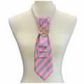 Custom Necktie Necklace-Pink/Grey Stripe w Designer Inspired Brooch