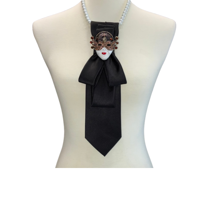 Custom Necktie Necklace - Black Satin w Mask Brooch