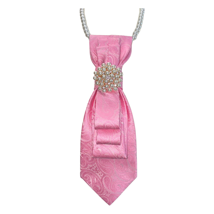 Custom Necktie Necklace - Pink Paisley w Pearl Brooch