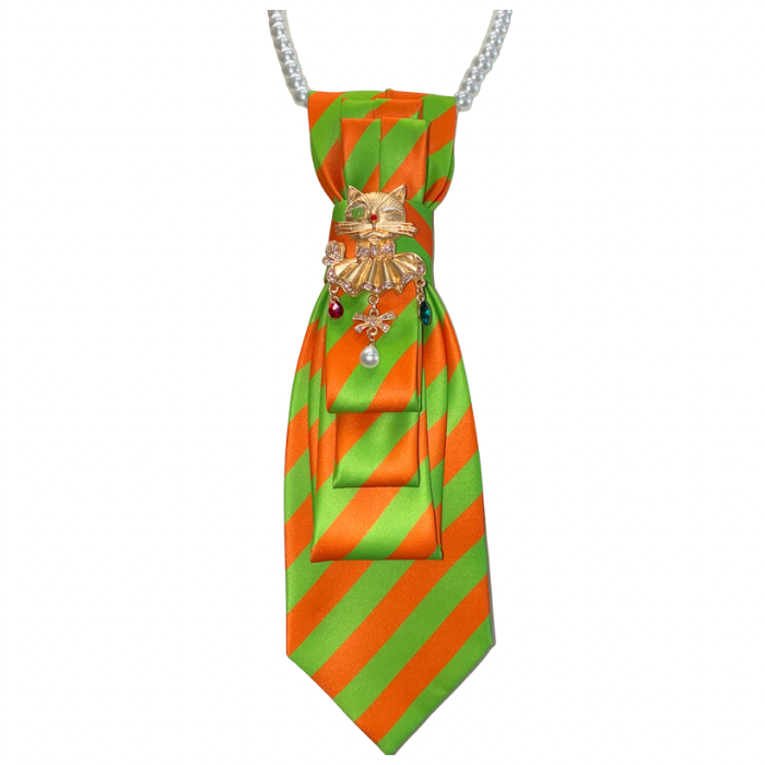 Custom Necktie Necklace- Orange/Green Stripe w Gold Royal Cat Brooch