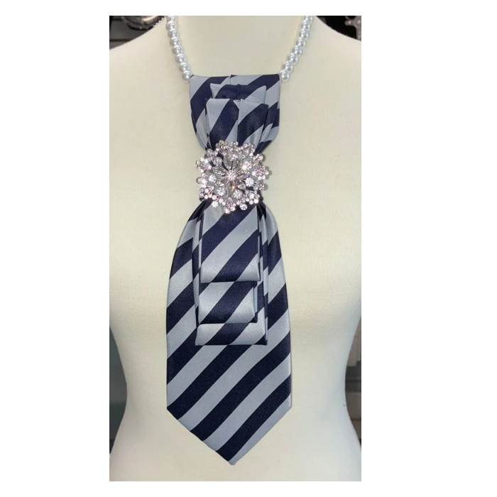 Custom Necktie Necklace- Black/Grey Stripe w Silver Brooch