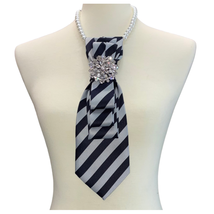Custom Necktie Necklace- Black/Grey Stripe w Silver Brooch