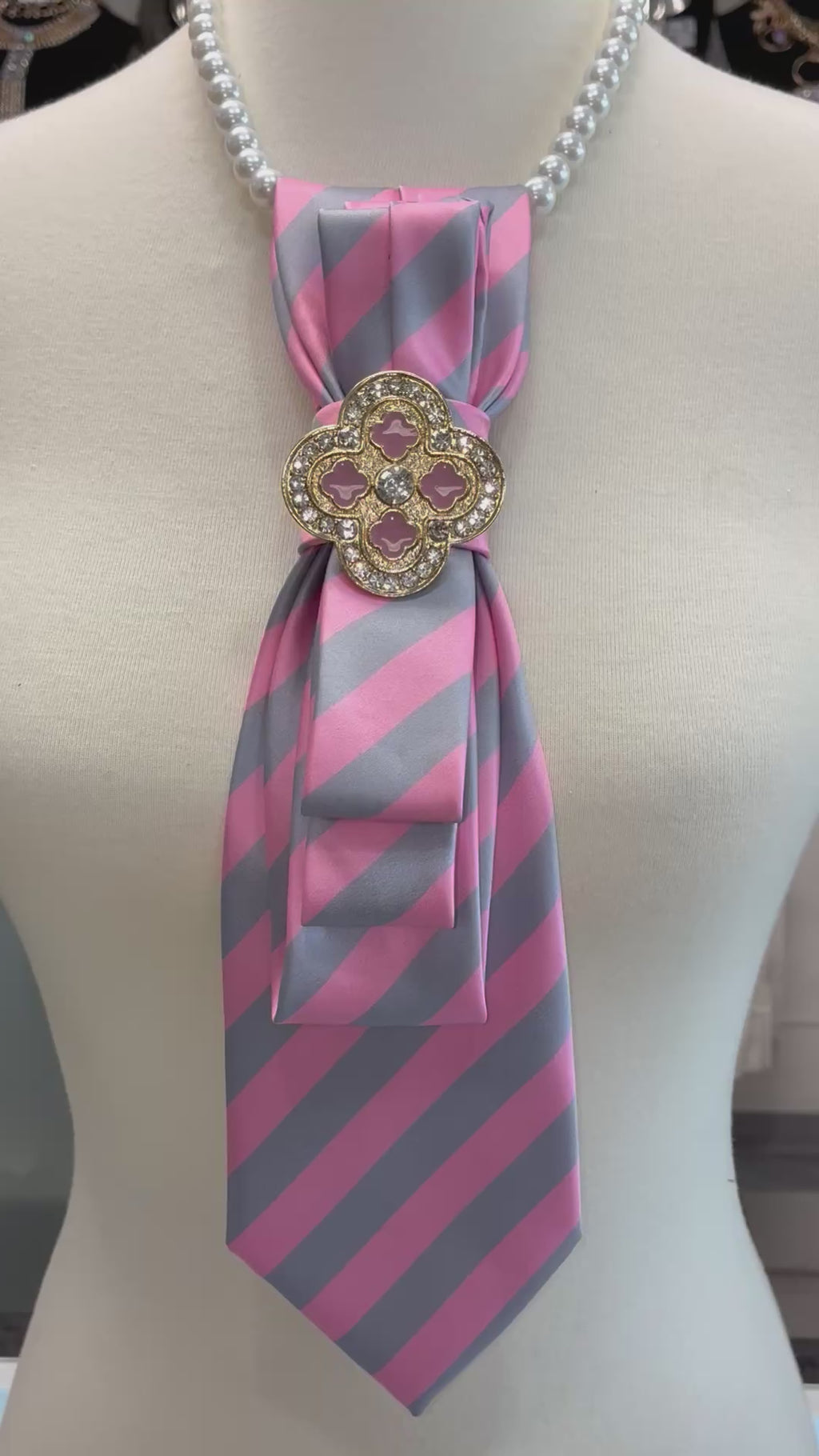 Custom Necktie Necklace-Pink/Grey Stripe w Designer Inspired Brooch