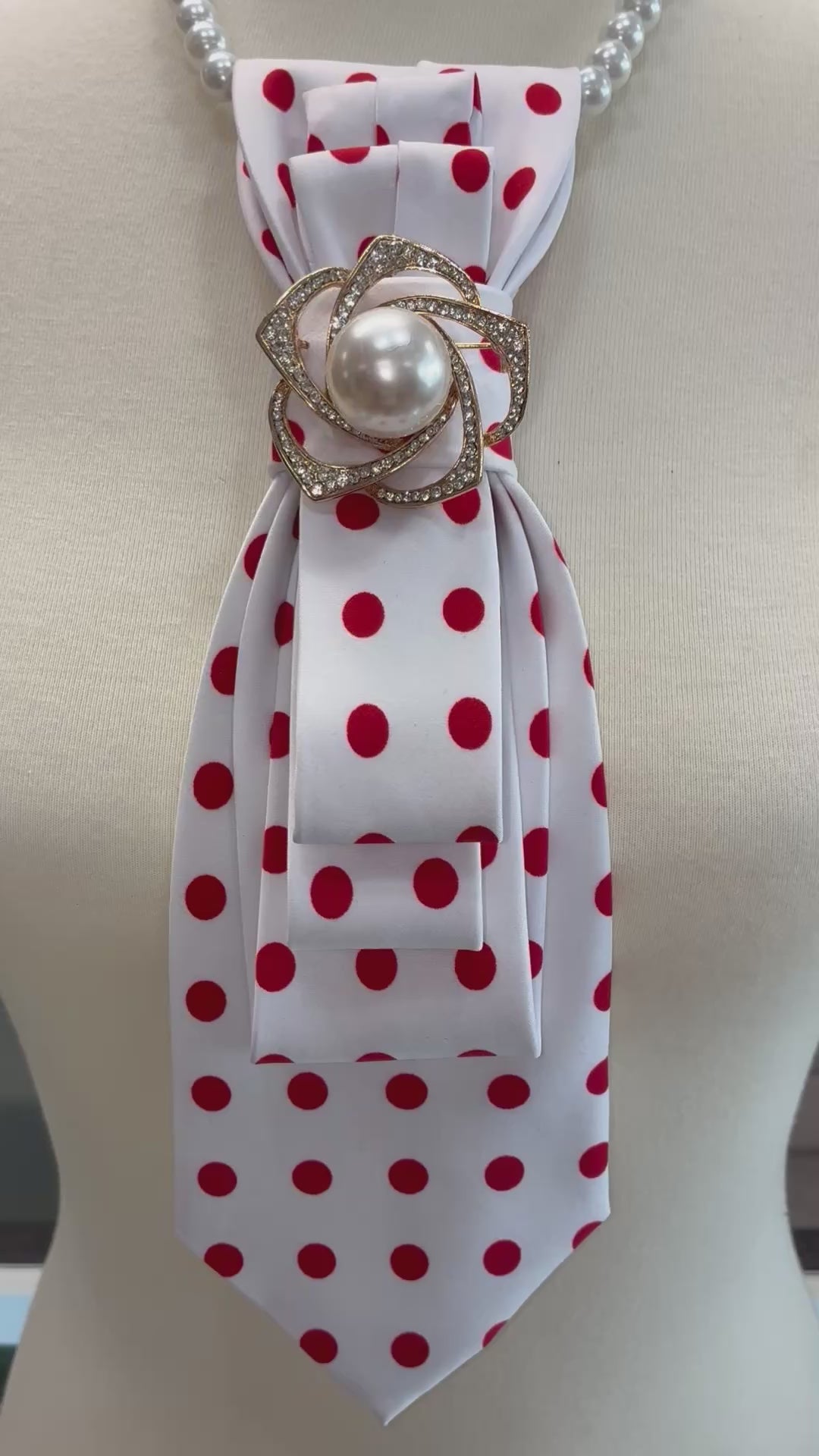 Custom Necktie Necklace- White/Red Dot w Gold Pearl Brooch