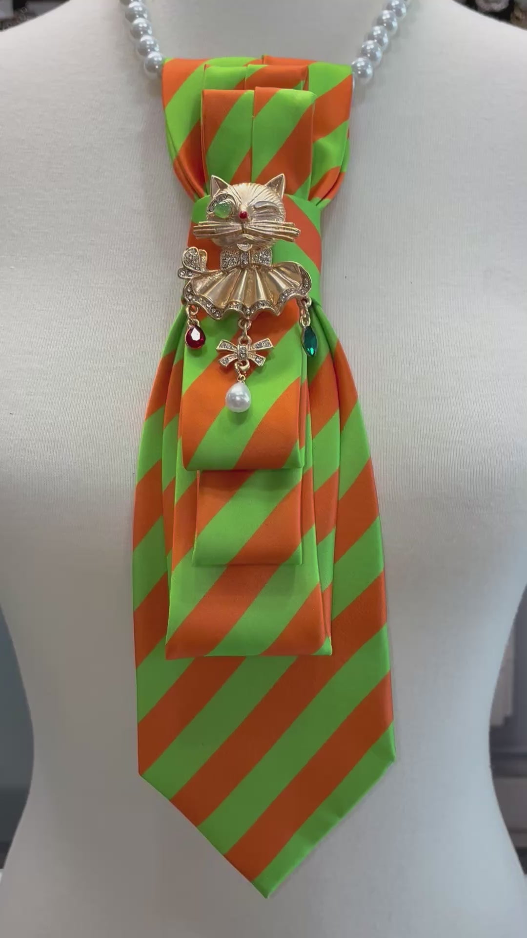 Custom Necktie Necklace- Orange/Green Stripe w Gold Royal Cat Brooch