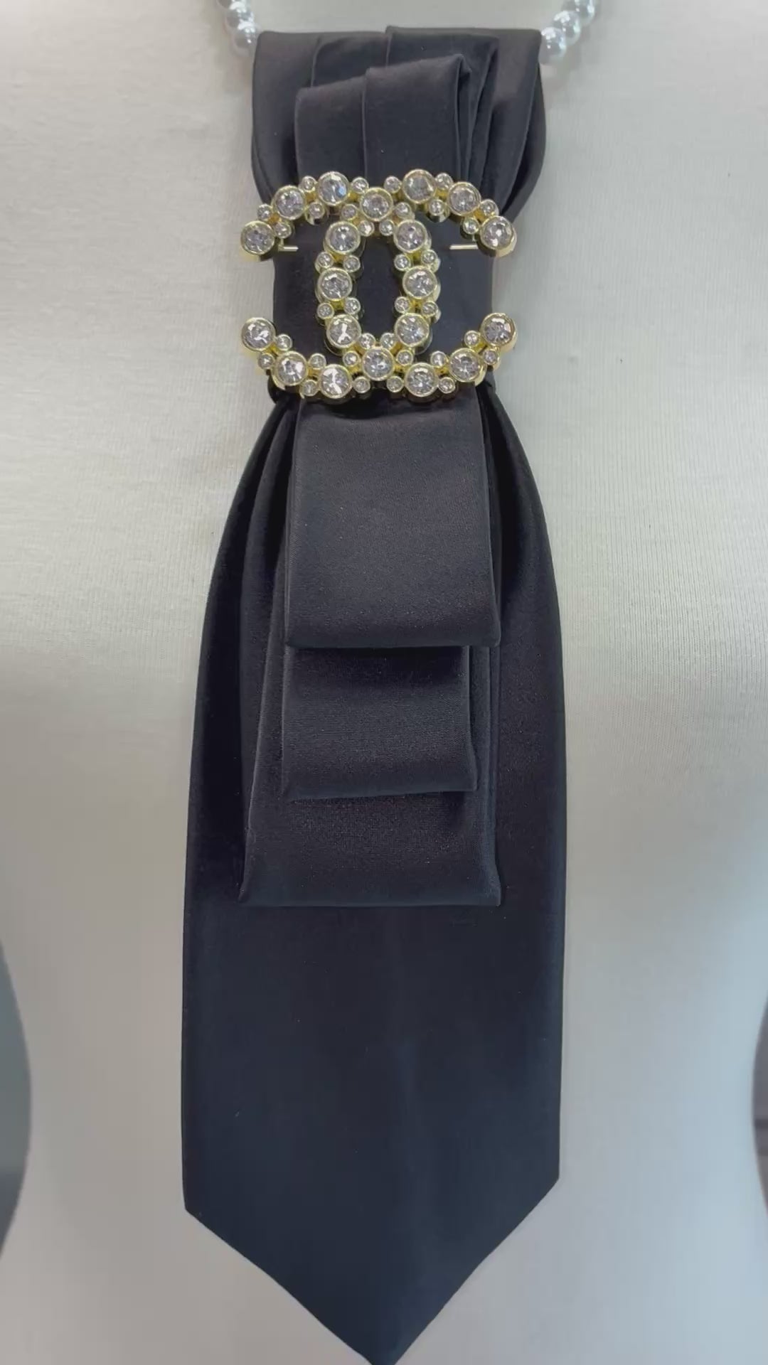 Black Designer Inspired Necktie Necklace with CC Brooch