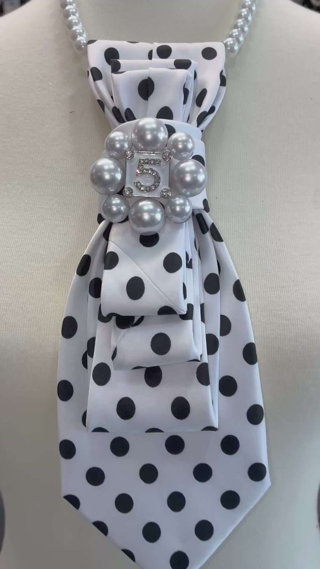 Custom Necktie Necklace - White/Black Dot w #5 Designer Inspired Brooch