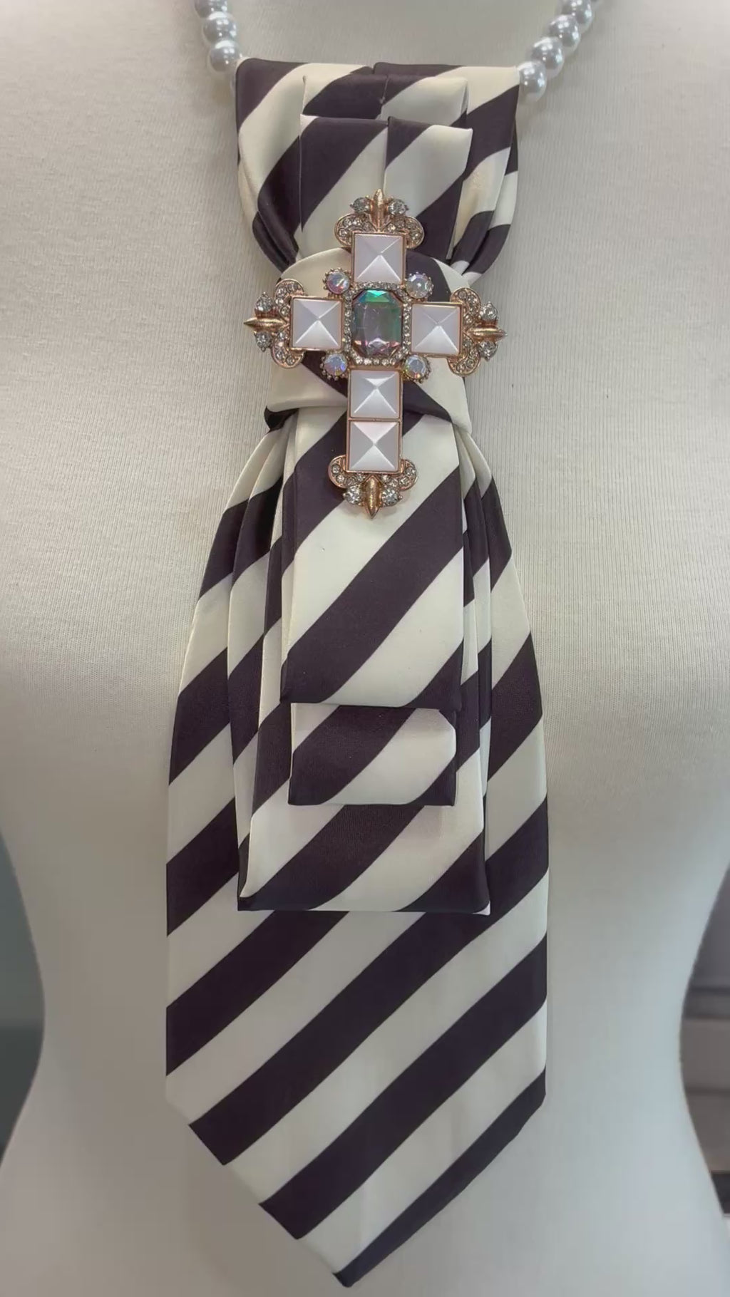 Custom Necktie Necklace- Brown/Beige Stripe w Gold Cross Brooch