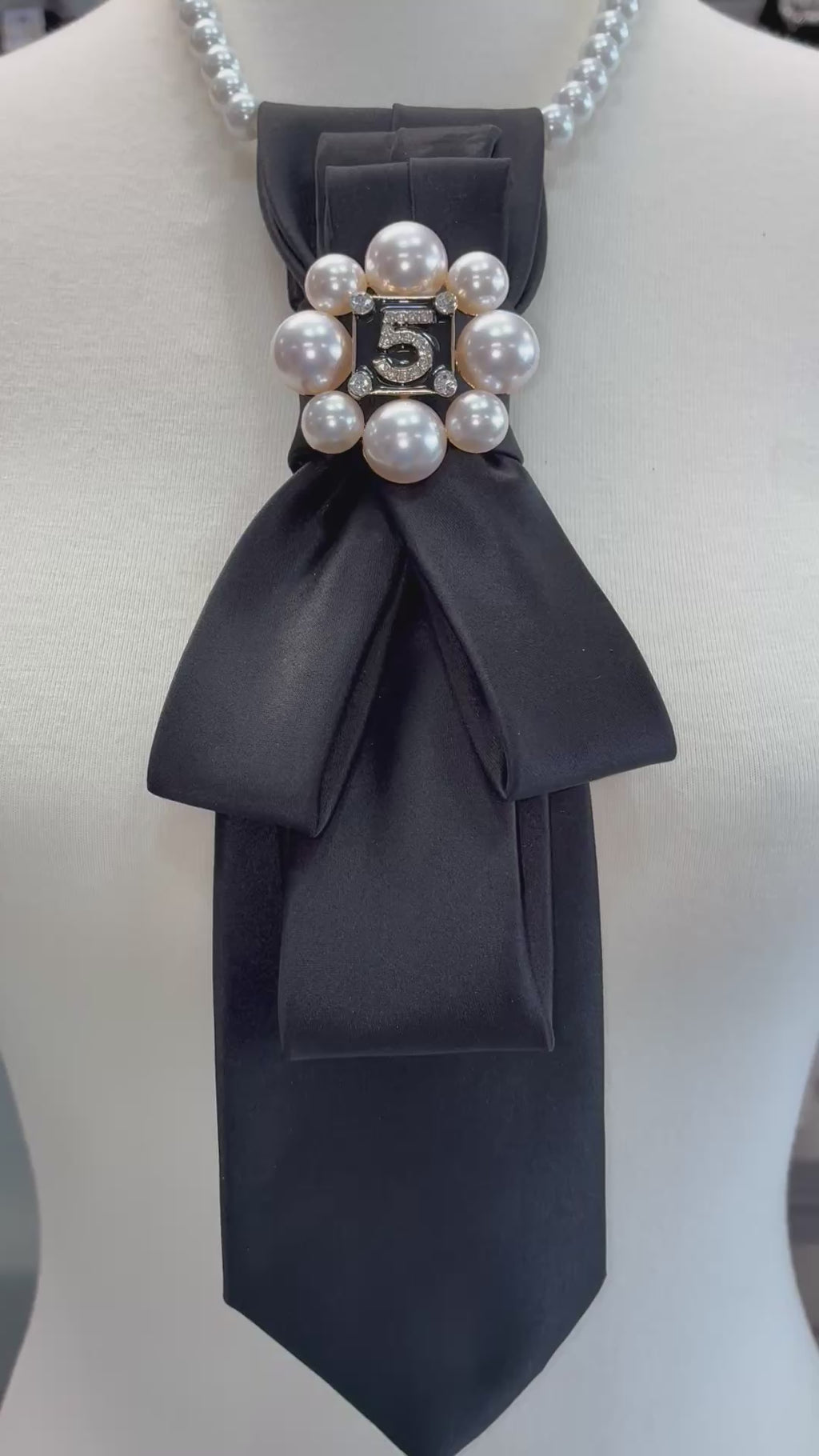 Custom Necktie Necklace- Black Satin w #5 Designer Inspired Brooch
