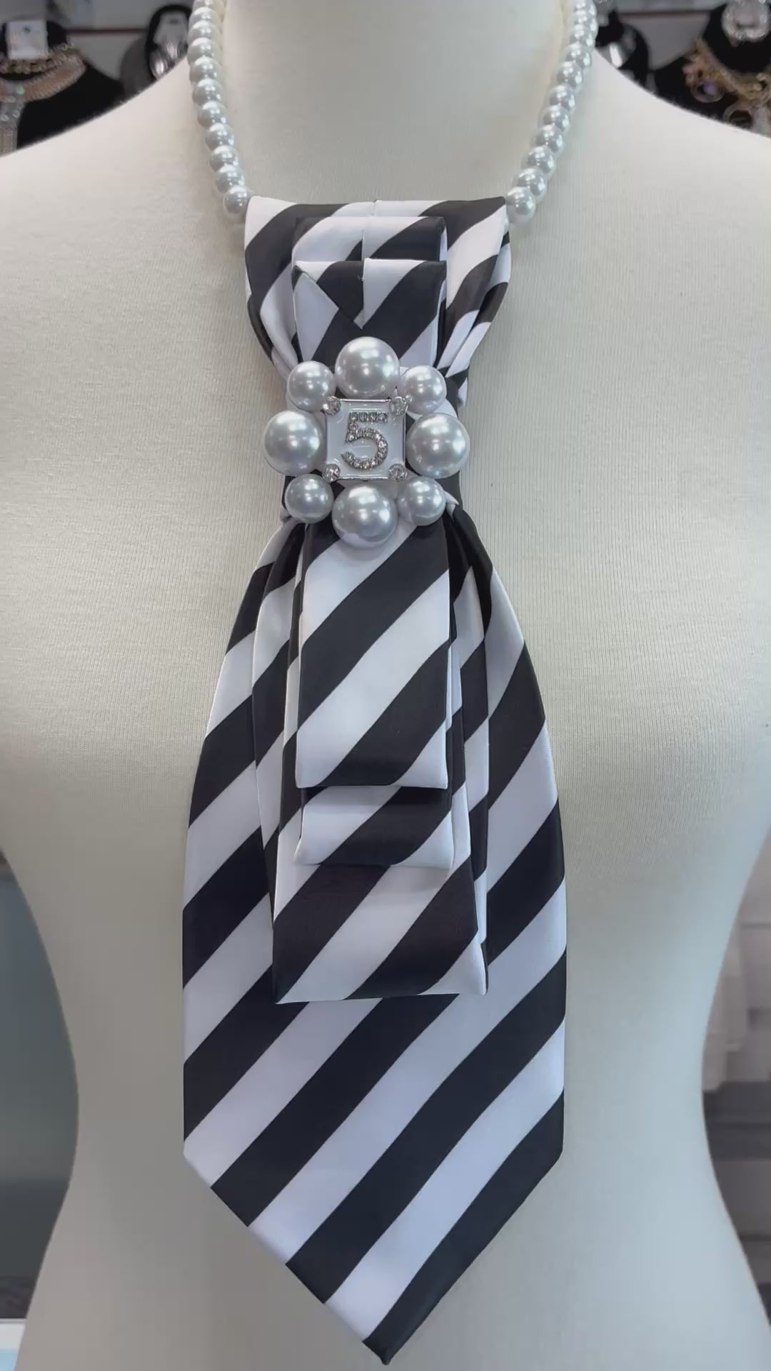 Custom Necktie Necklace - Black/White Stripe w #5 Designer Inspired Brooch