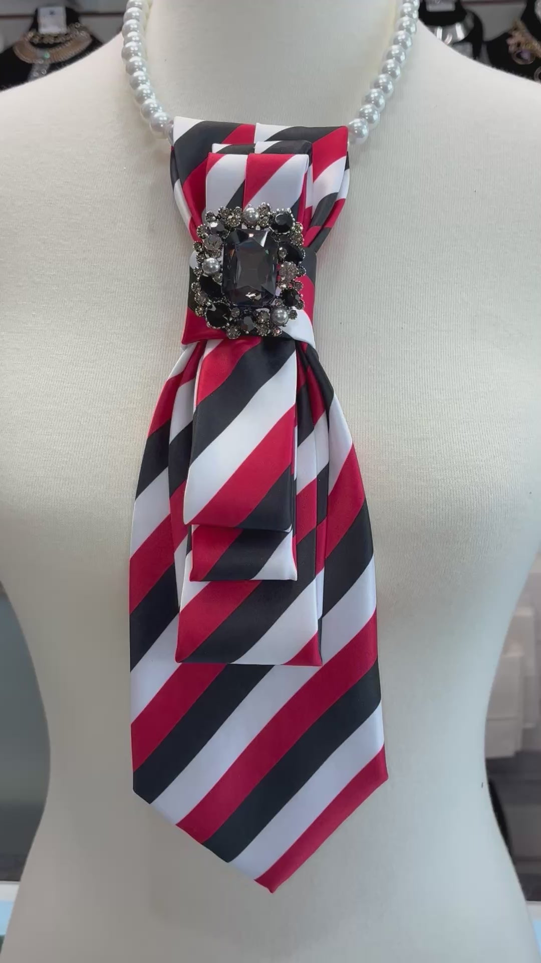 Custom Necktie Necklace- Red/White/Black Stripe w Rhinestone Brooch