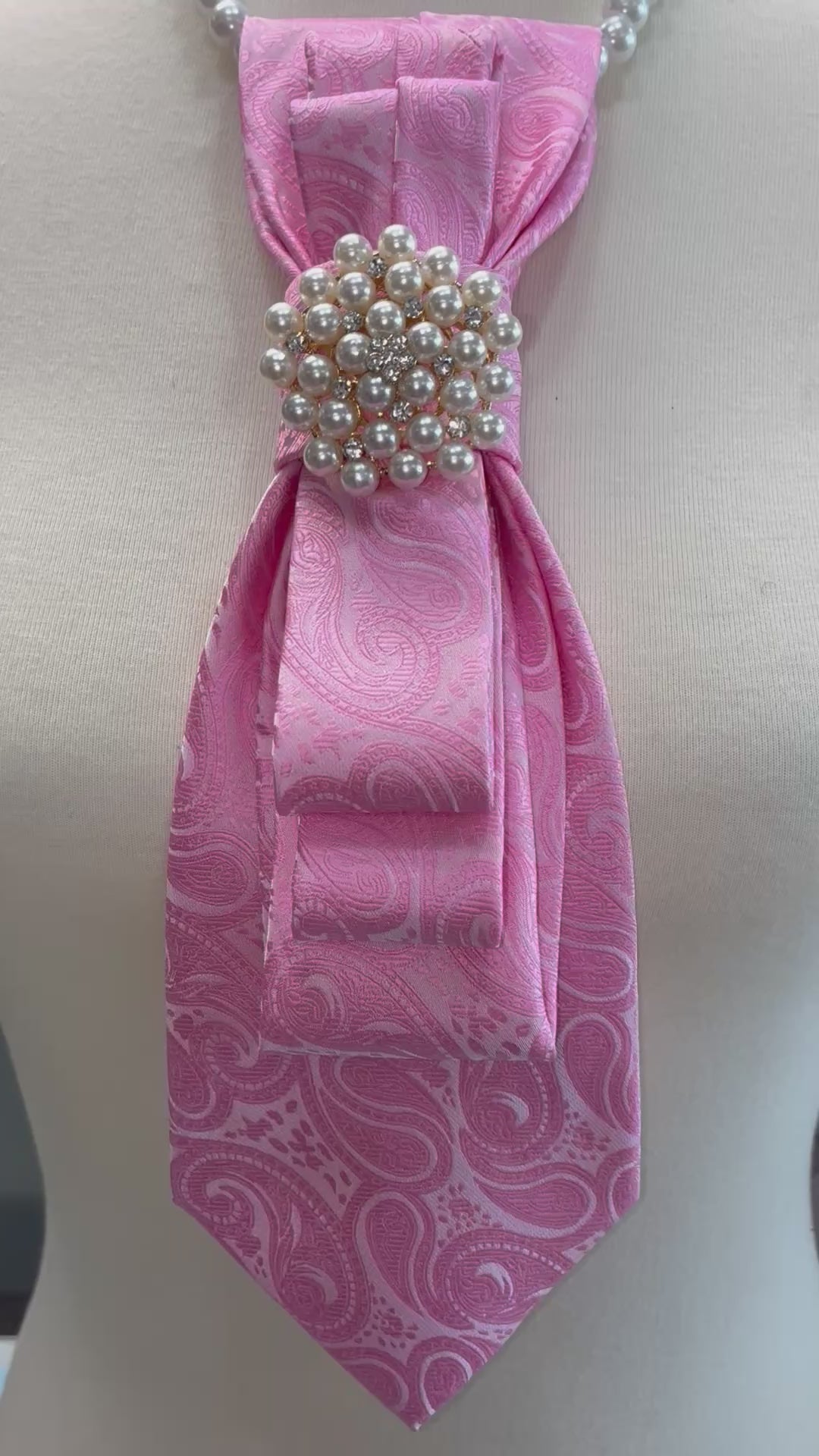 Custom Necktie Necklace - Pink Paisley w Pearl Brooch
