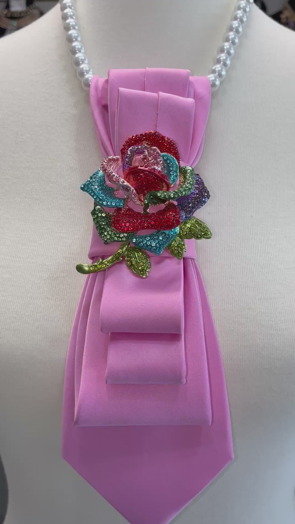 Custom Necktie Necklace - Pink w Rhinestone Rose