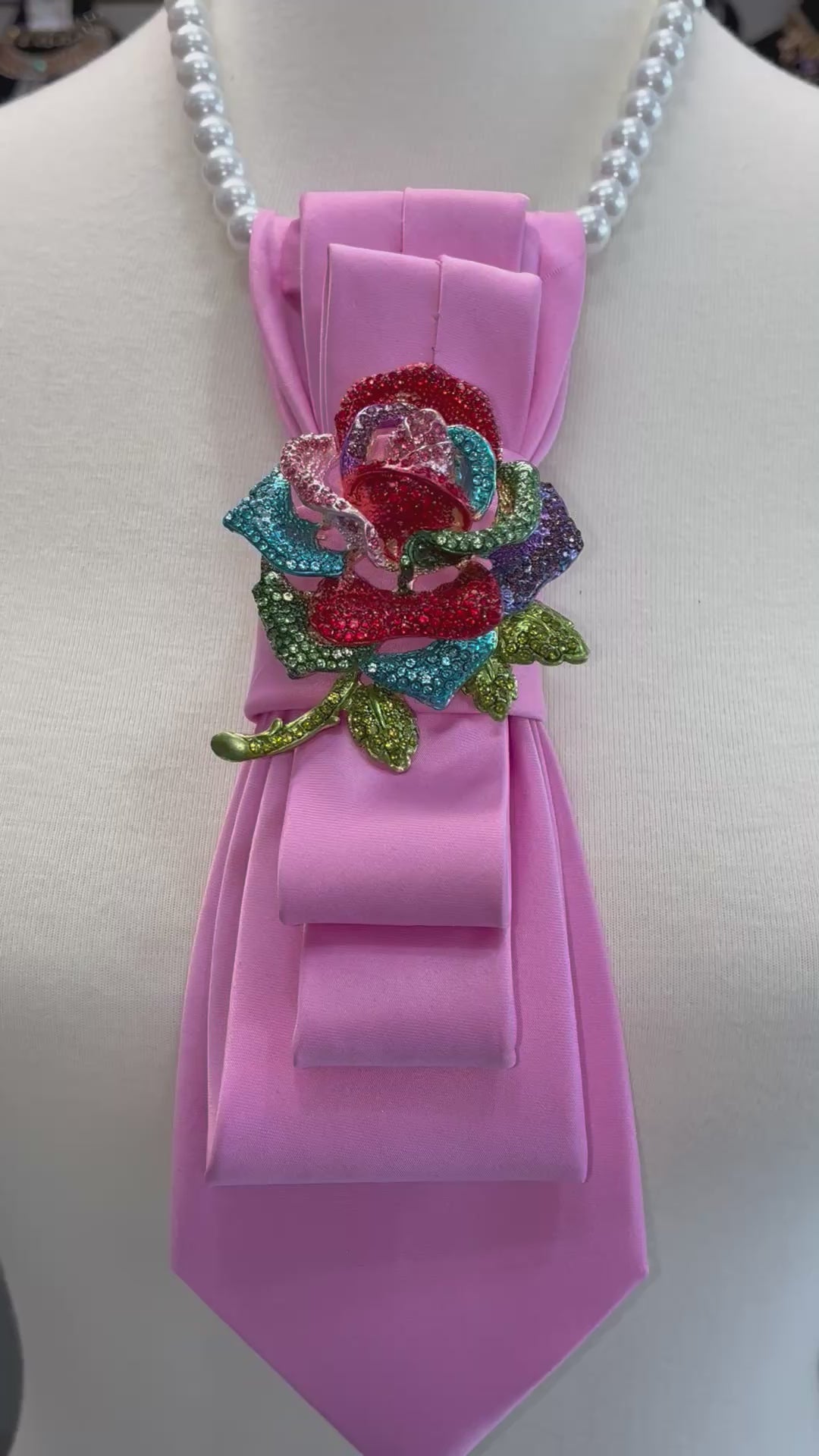 Custom Necktie Necklace - Pink w Rhinestone Rose