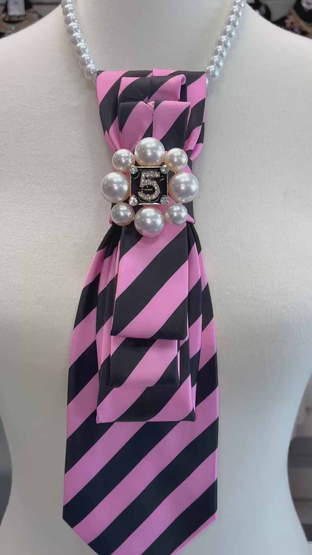 Custom  Necktie Necklace- Pink/Black Stripe w #5 Designer Inspired Brooch