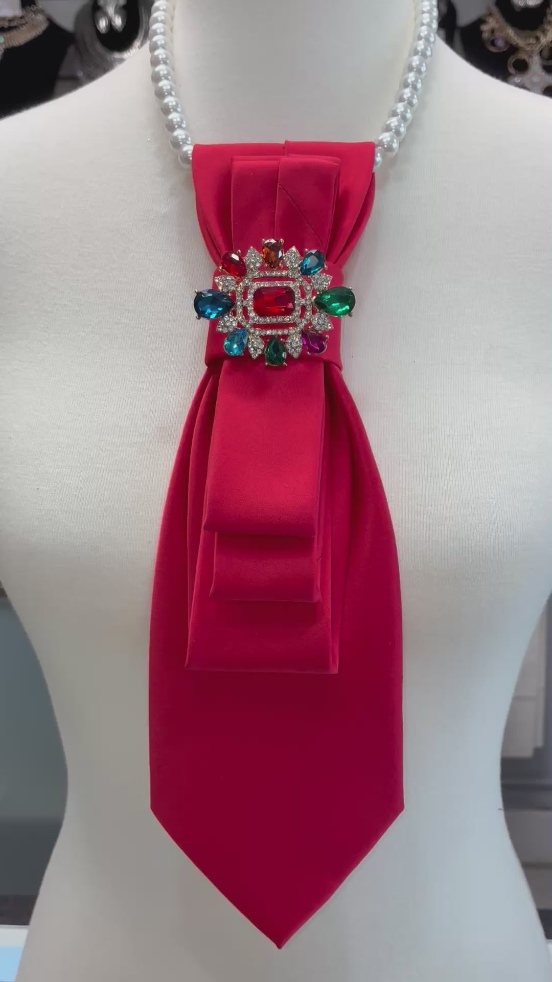 Custom Necktie Necklace - Red with Multi Color Stone Brooch