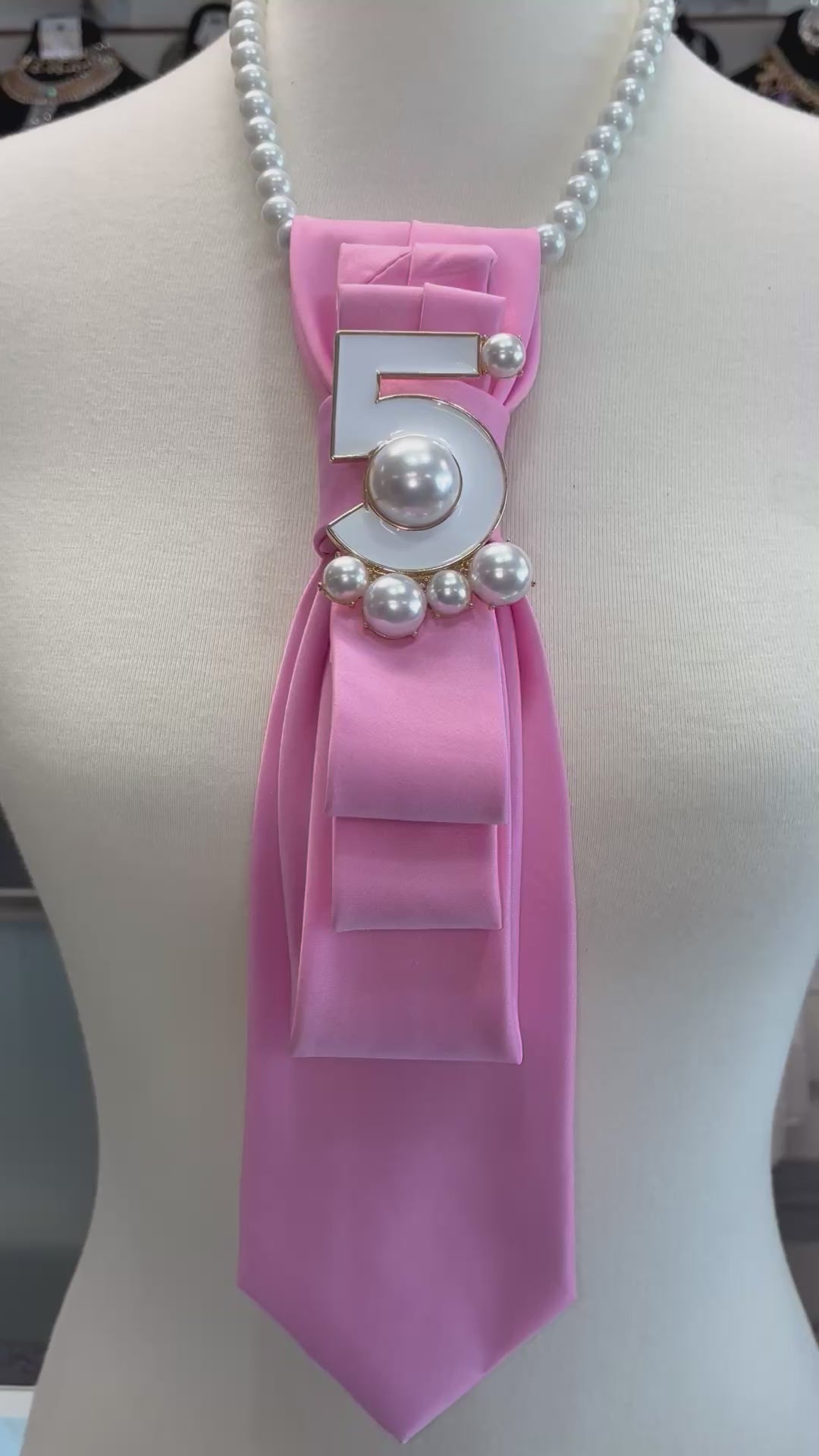 Custom Necktie Necklace- Pink Satin w Designer Inspired 5 Brooch
