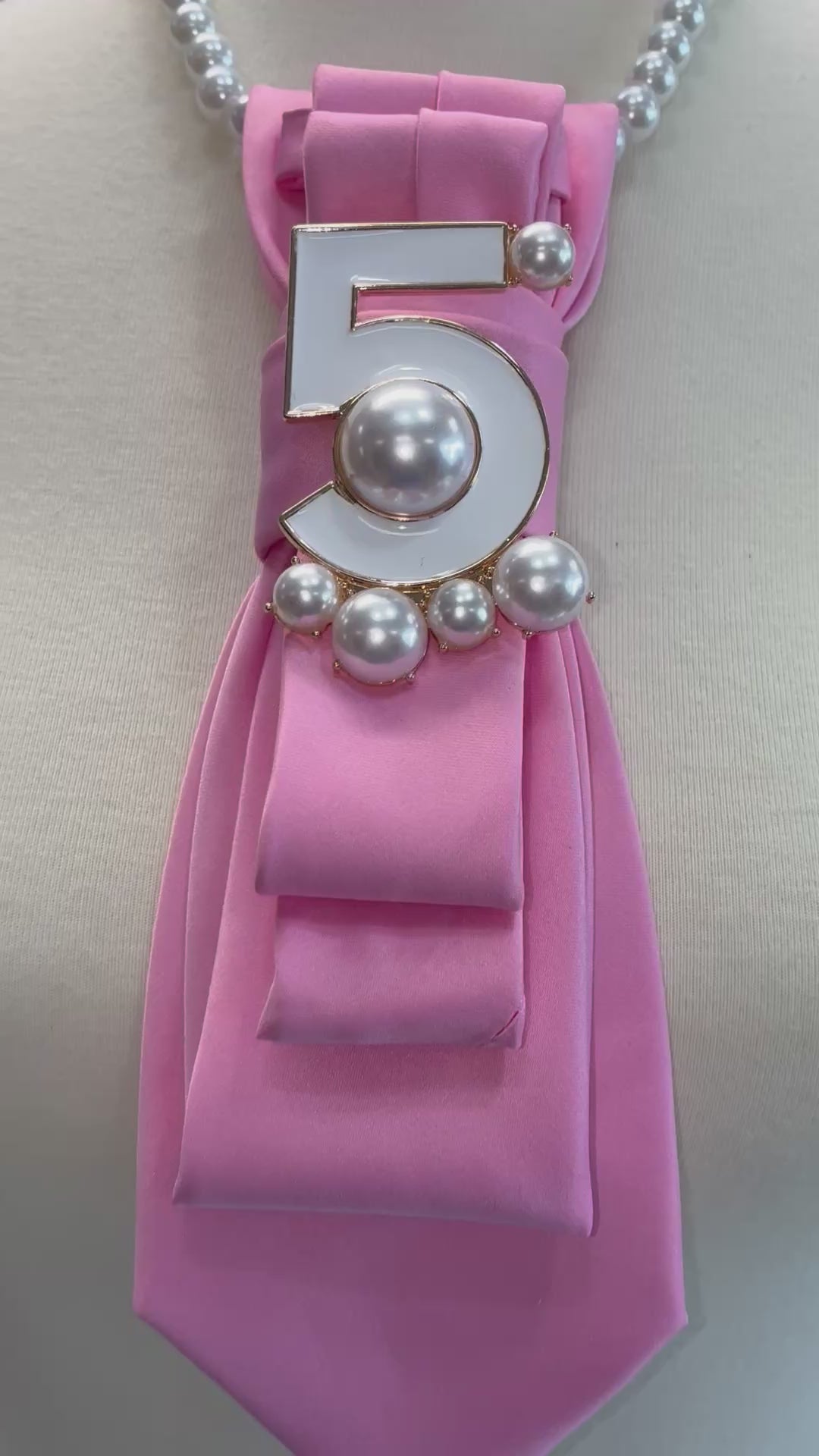 Custom Necktie Necklace- Pink Satin w #5 Designer Inspired Brooch
