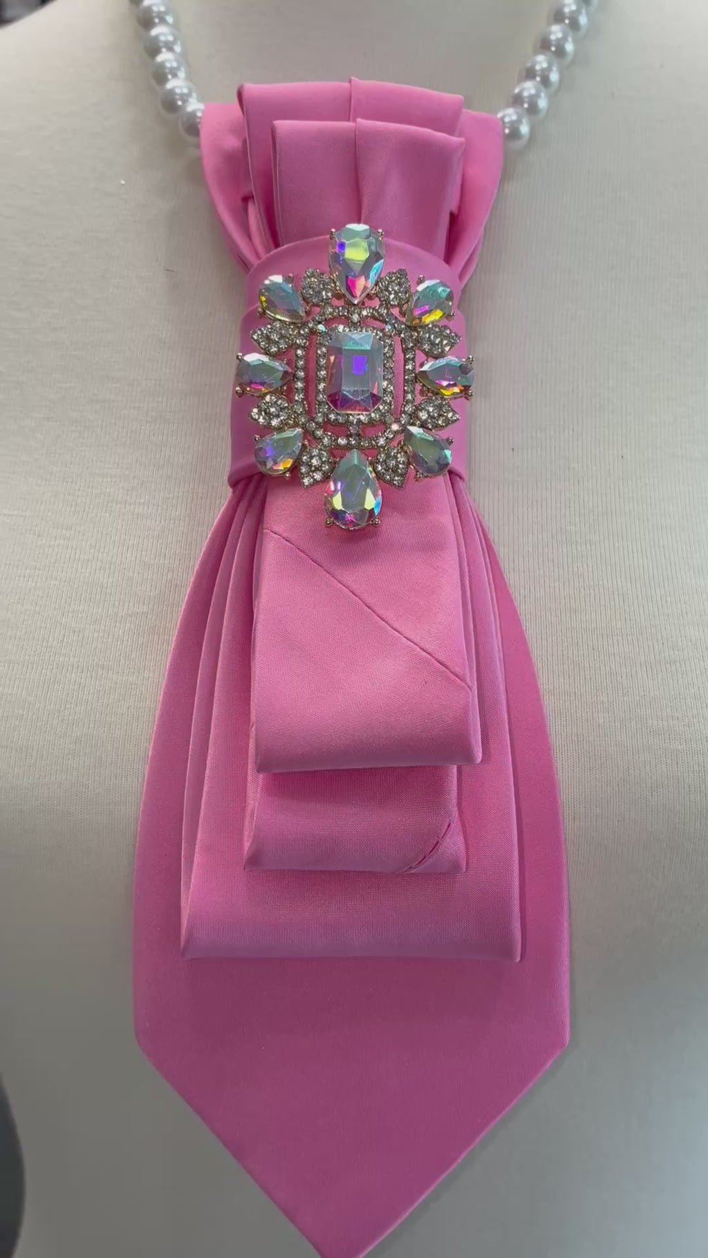 Custom Necktie Necklace- Pink Satin w Iridescent Brooch