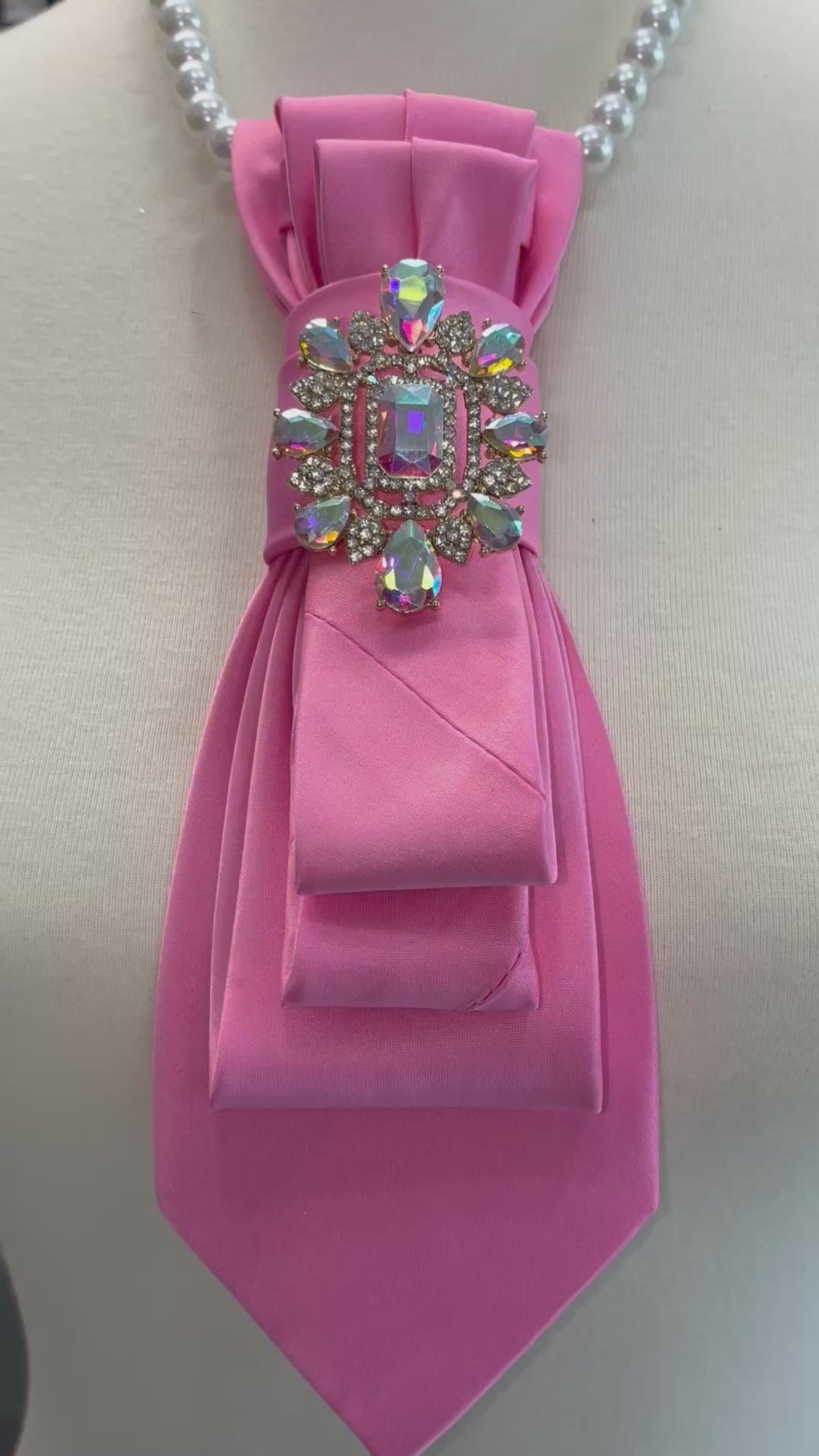 Custom Necktie Necklace- Pink Satin w Iridescent Brooch