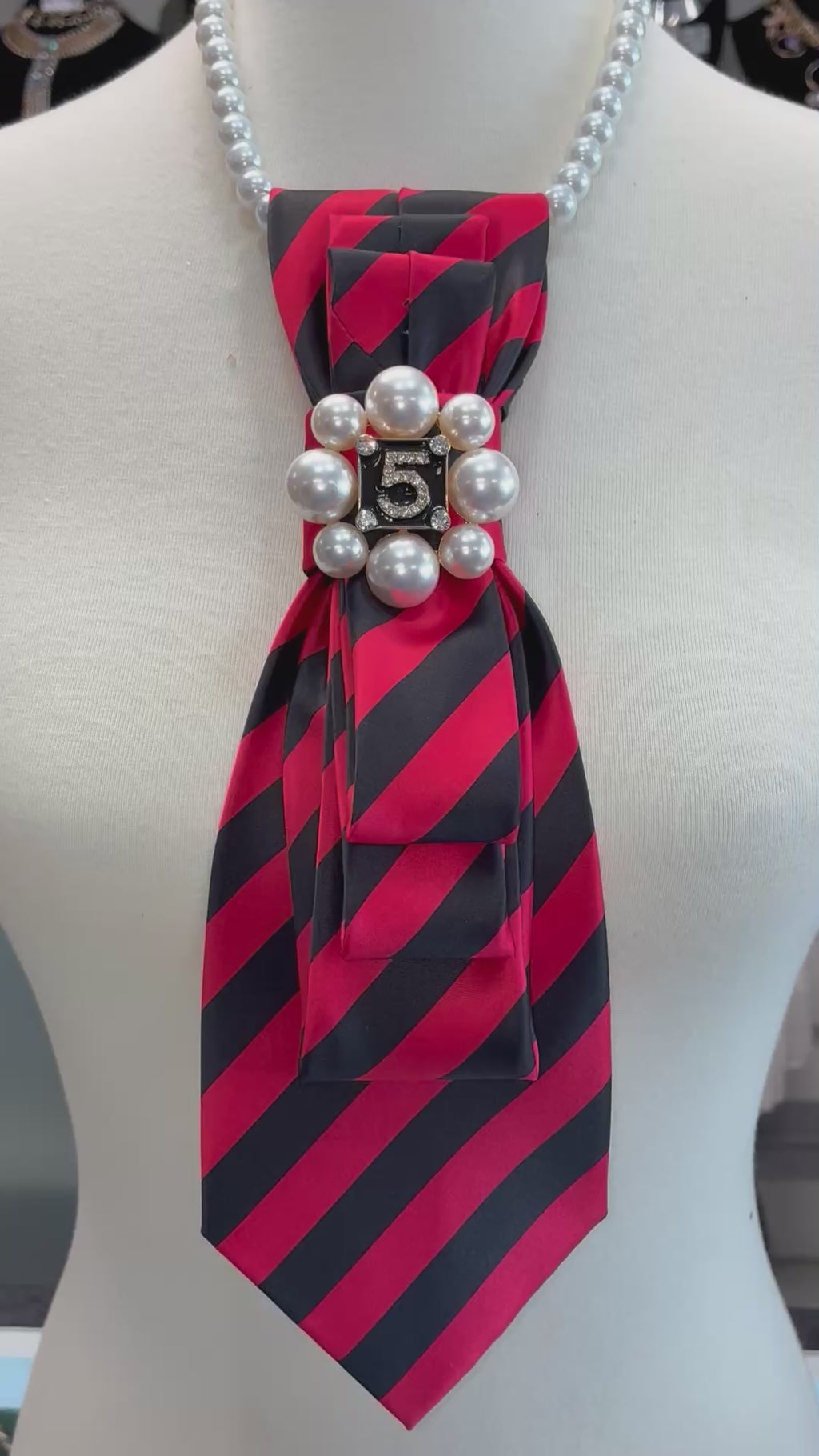 Custom Necktie Necklace- Red/Black Stripe w #5 Designer Inspired Brooch