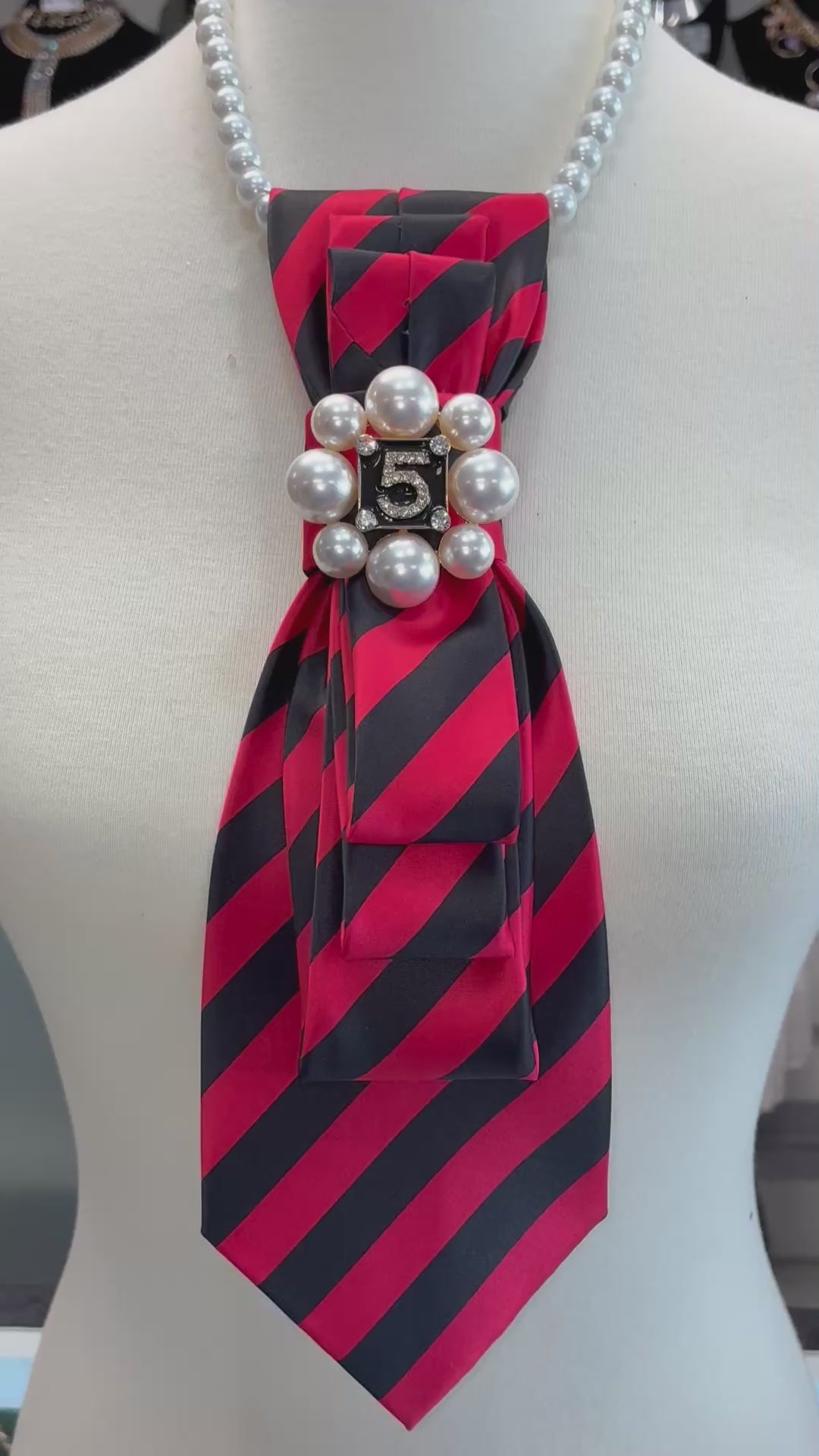 Custom Necktie Necklace- Red/Black Stripe w #5 Designer Inspired Brooch